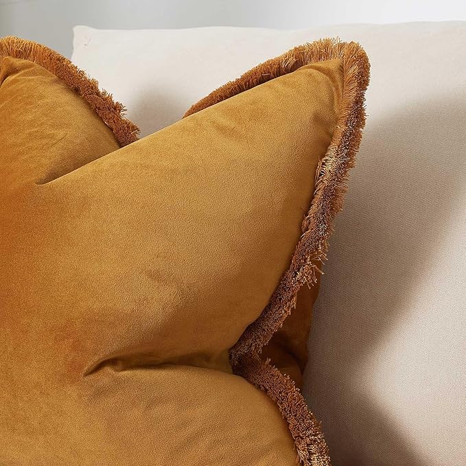 JUSPURBET Mustard Yellow Velvet Throw Pillow Covers 16x24 Inch Set of 2 with Soft Tassel Fringe Luxury Boho Pillowcase for Sofa Couch Bed Home Decor Machine Washable