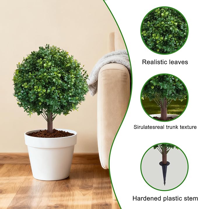 23.6" Artificial Boxwood Topiary Ball Trees, 2 Pack UV Resistant Artificial Plants Outdoor, Boxwood Balls with Ground Spike, Fake Plants for Front Porch Decor, Outdoor, Indoor (Green)