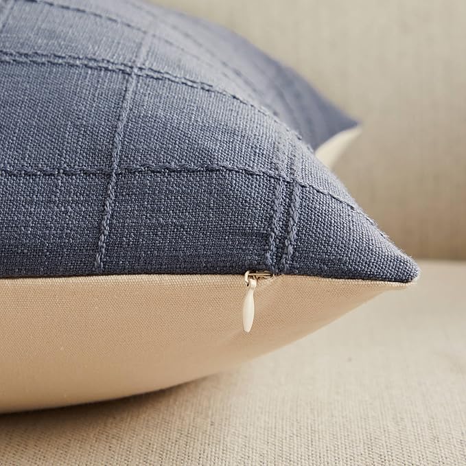 ZeeMart Linen Checked Lumbar Throw Pillow Covers Set of 2, 12x20 Inch Blue/Cream, Farmhouse Decorative Single Sided Grid Embroidered Couch Pillow Cases Dusty Blue Cotton Linen Cushion Covers