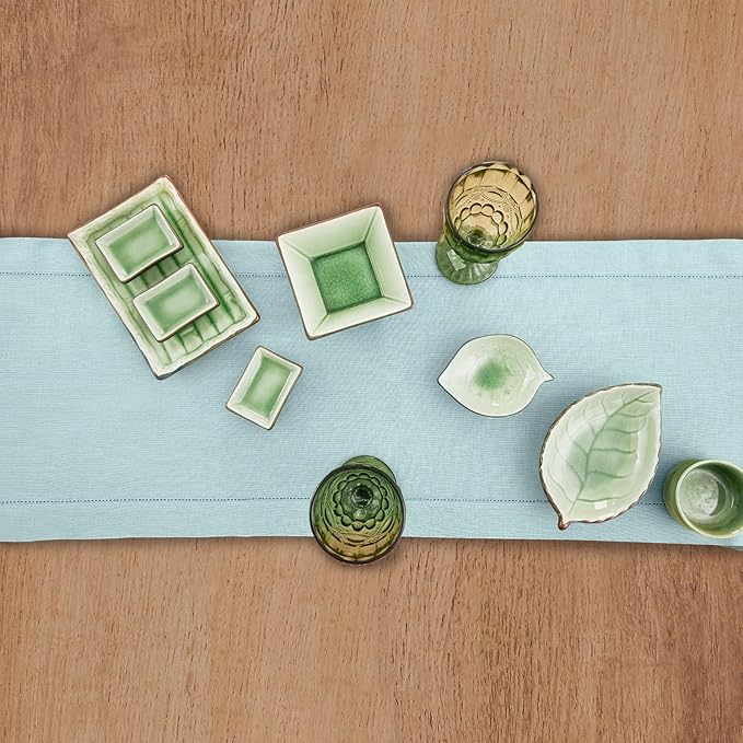 Solino Home Linen Aqua Blue Table Runner 60 Inches - Classic Hemstitch, 100% Pure Linen Coffee Table Runner 14 x 60 Inch Ideal for Dresser Tables - Winter, Spring, Easter