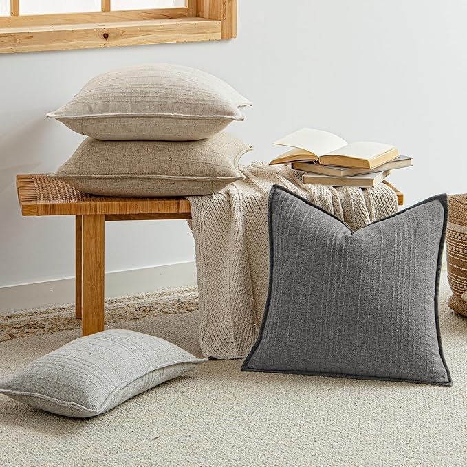 a moment Linen Pillow Covers Set of 2,Boho Farmhouse Throw Pillowcases Neutral Textured Decorative Covers for Couch Sofa,Soft Linen Blend Accent Case Cushion Living Room Home Decor 24"x24"Rustic Gray