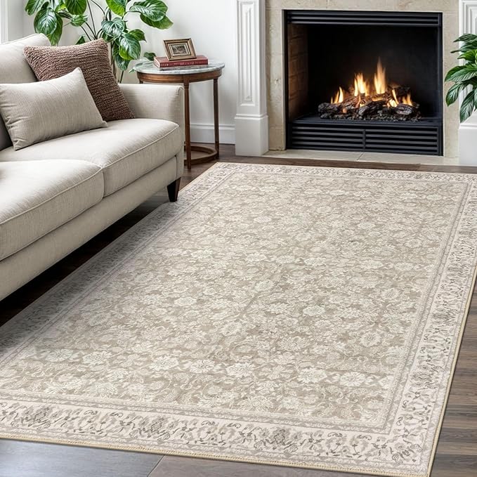 4x6 Washable Rug Cream Beige White Grey Small Area Rug for Entryway Soft Non-Slip Indoor Door Rugs Distressed Floral Low-Pile Doormat, Neutral Vintage Carpet for Entrance Kitchen Farmhouse