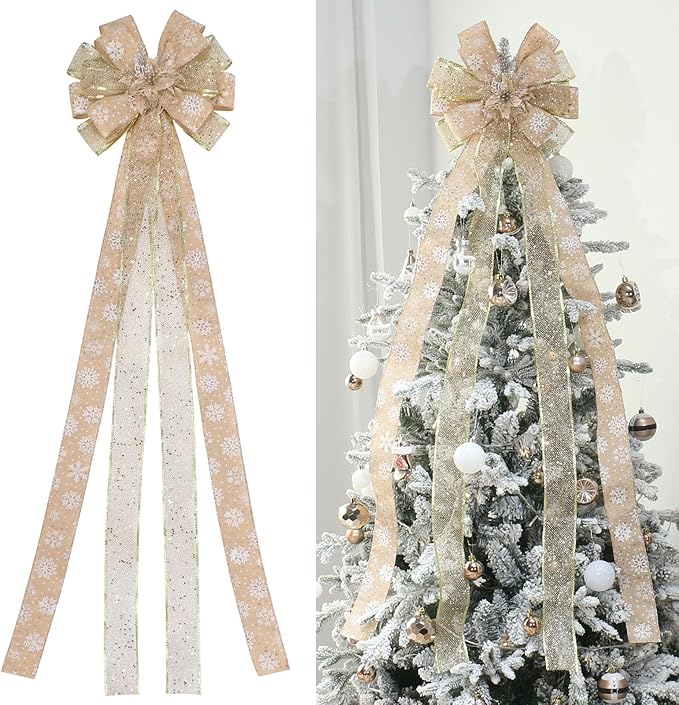 Christmas Tree Topper, Bow Large Christmas Bow Tree Topper, for Xmas Ornament Holiday Home Wedding Thanksgiving Indoor/Outdoor Decoration (Gold)