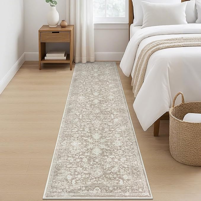 KILOCOCO Hallway Runner 2x8 Rug Runner Printed Vintage Floral Washable Kitchen Runners Non-Slip Rubber Backed Runners for Hallways Laundry Room Distressed Boho Rugs for Entryway Bedroom, Beige
