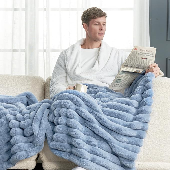 Cozy Bliss Faux Fur Throw Blanket for Couch, Cozy Warm Plush Striped Blanket for Sofa Bedroom Living Room, 90 * 90 Inches Light Blue
