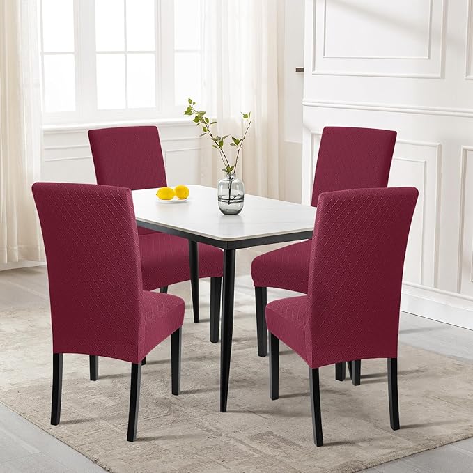SearchI Dining Room Chair Covers Set of 4, Stretch Jacquard Parsons Chair Slipcovers Removable Washable Kitchen Chair Protector Cover for Dining Room, Hotel, Ceremony (Wine Red Rhombus)