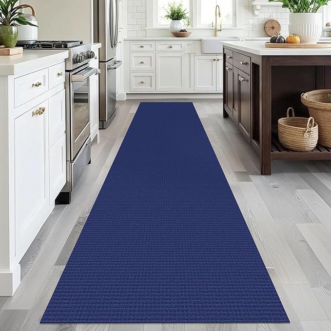 EARTHALL Woven Runner Rug 2.6x12 Ft Washable Runners for Hallways Extra Long Cotton Non Slip Rubber Backed Kitchen Runner Braided Indoor Floor Carpet for Entryway, Hall, Kitchen, Royal Blue/Navy