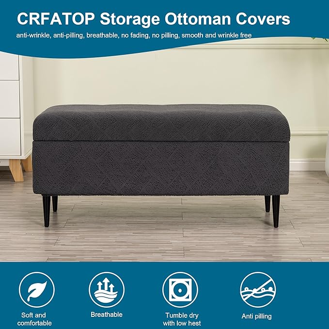 CRFATOP Jacquard Ottoman Stool Cover Stretch Folding Storage Footstool Bench Slipcovers Upholstered Foot Chest Chair Covers Washable Entryway Furniture Protector with Elastic Bands,S,Dark Grey