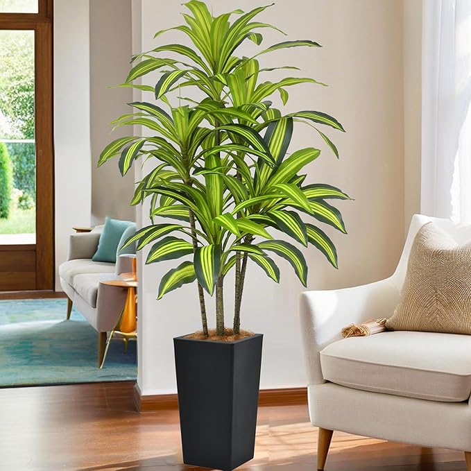 Artificial Dracaena Tree 5FT(60in) Tall Fake Silk Yucca Tree with Black Planter, Faux Floor Potted Artificial Plants for Home Office Living Room Indoor Decor (5feet,Tall Pot)