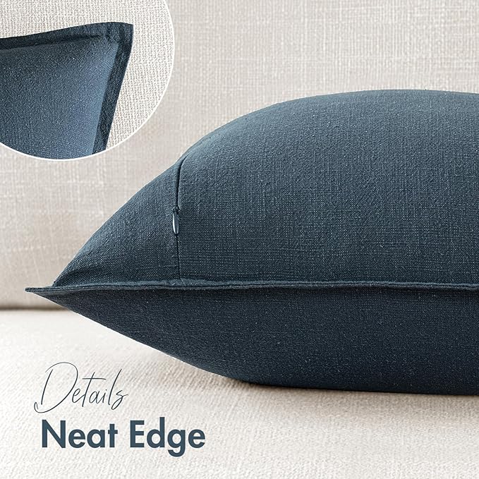 Woaboy 18x18 Inch Set of 2 Decorative Linen Solid Throw Pillow Covers Boho Accent Farmhouse Couch Pillowcases Modern Netural Home Decor for Couch Sofa Living Room Bed,Navy Blue