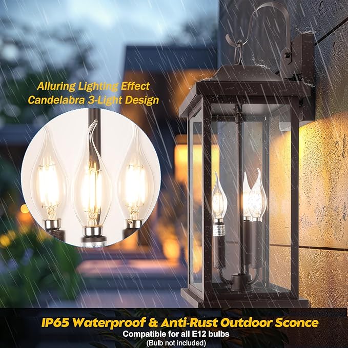 3-Light Extra Large 23” Outdoor Light for House Oil Rubbed Bronze, IP65 Waterproof Brown Exterior Light Fixture with Clear Tempered Glass Outside Wall Mounted Lamp Front Porch Light, E12