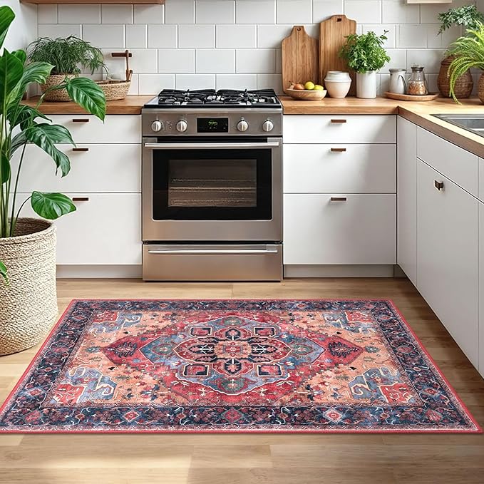 3x5 Washable Area Rug for Entryway, Red Soft Boho Rug with Non-Slip, Low-Pile Vintage Floor Area Rugs for Living Room Bedroom Dining, Dorm Carpet with Non-Shedding