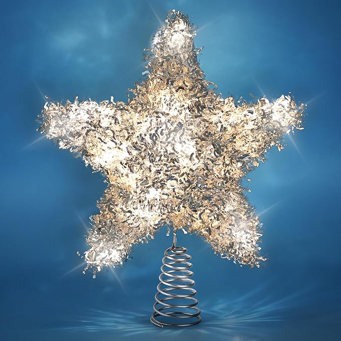 LAWOHO Christmas Tree Topper Star, Exquisite Christmas Decor, 10 Inch Shiny Silver Christmas Tree Decoration with 6H Timer, 20 Warm LED Lights for Xmas Tree, Holiday & Party, Indoor Decor