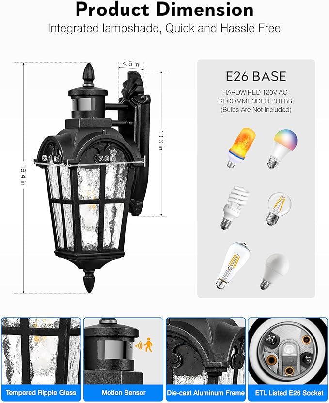 VIANIS 2 Pack Motion Sensor Light Outdoor, Black Dusk to Dawn Outdoor Sconce Lights, Anti-Rust Waterproof Outside Light Fixtures Wall Mount, Exterior Lighting Fixture for House Porch Garage Entryway