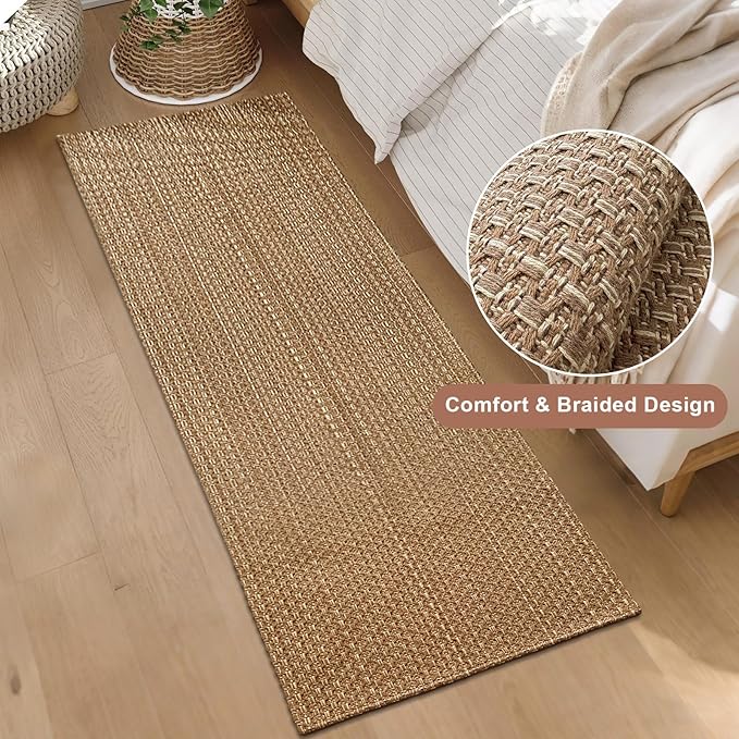 Runner Rug – Boho 2x5 ft Hallway Runner Rug,Braided Design Neutral Entryway Rug with Rubber Backing,Light Brown,Machine Washable,Solid Faux Jute Rug,for Bedroom,Bathroom,Non-Slip