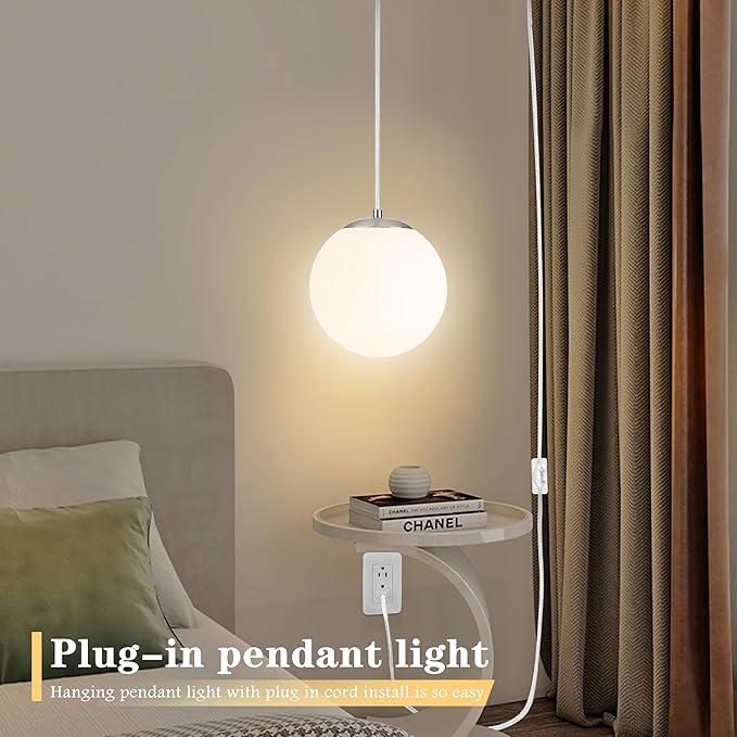 KoKo&Yukina 10" Globe Pendant Light Nickel Plug in Pendant Light Adjustable Hanging Lights with Plug in Cord Nickel Finished with Milk Glass Lampshade for Bedroom Kitchen Island（Bulb Included）