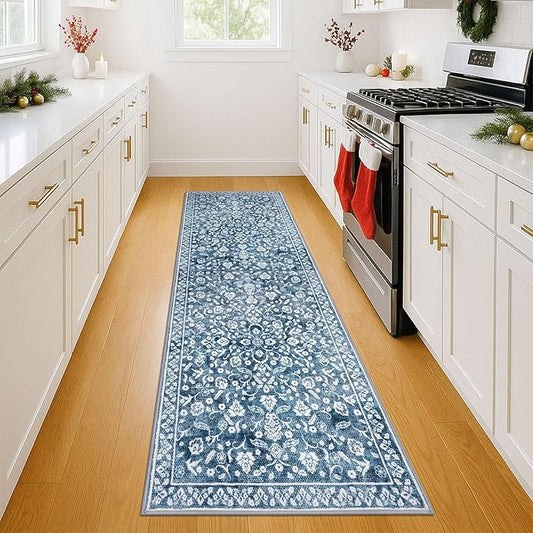 Vintage Runner Rug 2x6, Blue and White Washable Runners for hallways, Super Soft Kitchen Runner Rug Non Slip, Print Faux Wool Thin Carpet Hallway Runner for Entryway Indoor Bedside Runner