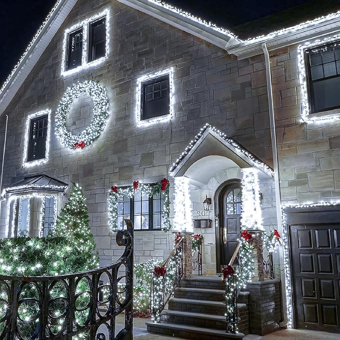 100FT 300 LED Christmas Lights Outdoor, White Christmas Tree Lights with 8 Modes Waterproof, Plug in Connectable String Twinkle Light Green Wire for Patio Yard Wedding Party Decorations