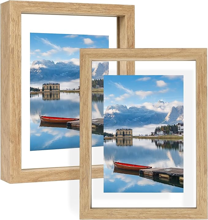 5x7 Floating Picture Frames Set of 2, Double Glass Photo Frame Wooden Frame for Wall Mount or Tabletop Displays for 3x5, 4x6 inch Pictures, Plane Edge Frames, Natural