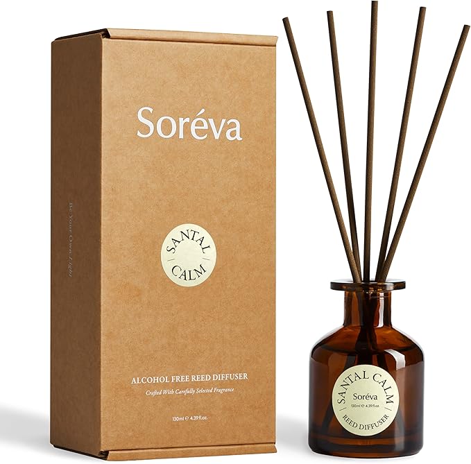 Soréva Plant-Based Reed Diffuser Set, Calm Sandalwood and Warm Cedar, Relaxing Aromatherapy for Mindfulness, Long Lasting, Alcohol Free, Set, 7 Sticks, 4.39 fl oz