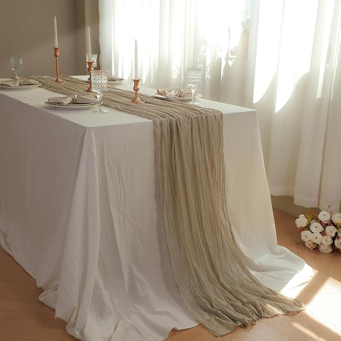 Snowkingdom 10 FT Light Brown Tan Christmas Cheesecloth Table Runner, 120 inch Long Boho Rustic Gauze Sheer Runner for Wedding Baby Shower Birthday Xmas Holiday Party Decorations