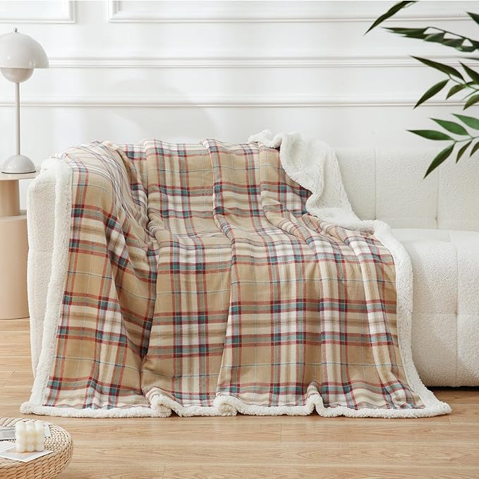 PU MEI Sherpa Blanket Twin Plaid Thick Bed Blanket, 60”*80” Super Soft Flannel Fuzzy Fleece Reversible Velvet Plush Warm Blanket for Couch (Yellow Red Check)