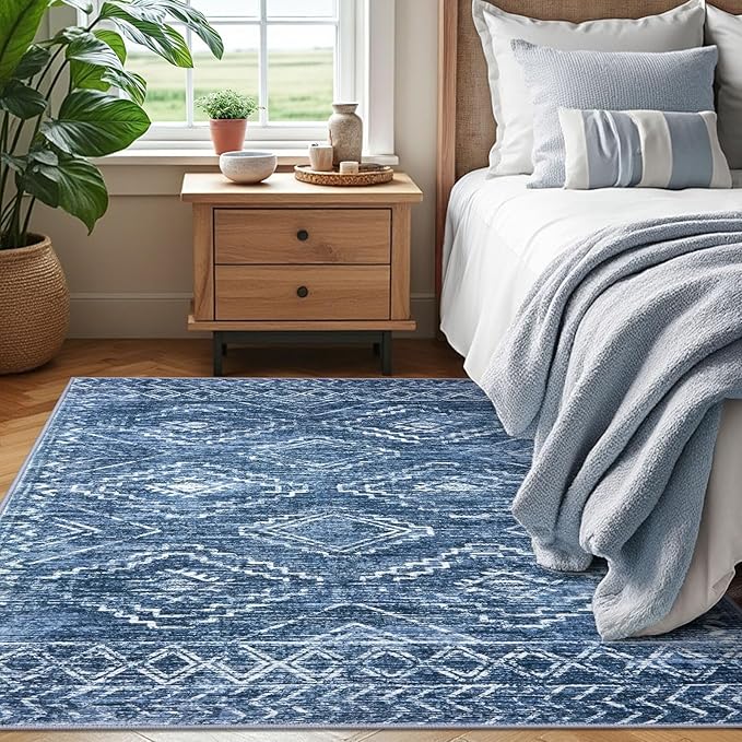 KILOCOCO Area Rug 4'x6' Entryway Rug Washable Bedroom Rugs Non Slip Printed Boho Low-Pile Rubber Backed Blue Soft Rugs for Kitchen Living Room Dining Geometric Moroccan Carpet, Stonewashed Blue