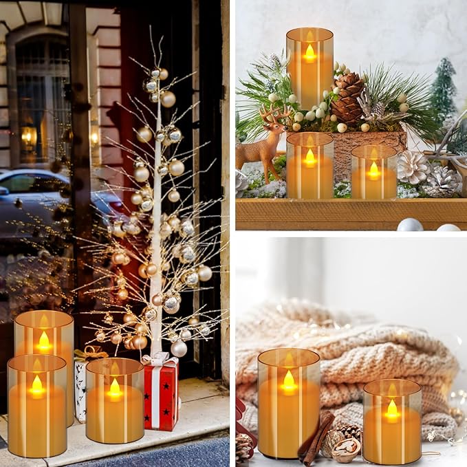 Flameless Candles 4" 5" 6" Set of 3 Acrylic Glass Pillars 3" Diameter Battery Operated Flickering Candles Include 10-Key Remote with Timer Function 400+ Hours (Amber, Warm Light 3 Pack)
