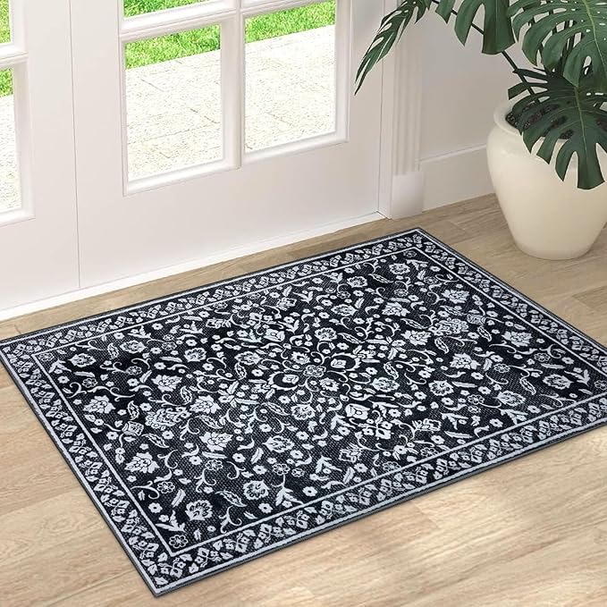 Vintage Entryway Rug Indoor, Black White Washable Rug 2x3, Small Area Rug with Non-Slip Backing, Floral Print, Thin Faux Wool Super Soft Door Mat for Kitchen, Entrance, Bedroom, Office