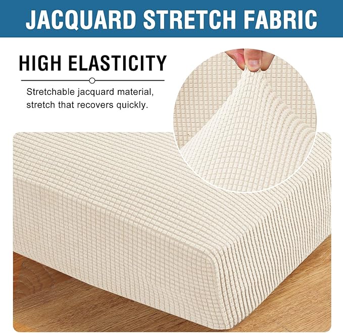 H.VERSAILTEX Super Stretch Individual Seat Cushion Covers Sofa Covers Couch Covers Slipcover Sets Thick Jacquard Textured Twill Fabric (2 Piece Large Sofa Cushion Covers, Natural)