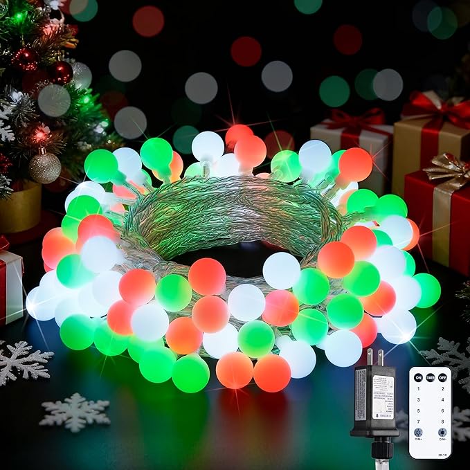 JMEXSUSS Globe String Lights, Red White and Green Christmas Lights，100 LED Plug