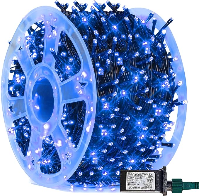 FUNPENY 164FT 500 LED Christmas Indoor Outdoor Decorative String Lights, 8 Modes Waterproof Plug in Green Wire LED Fairy Light for Christmas Party Wedding Garden Home Decoration (Blue)