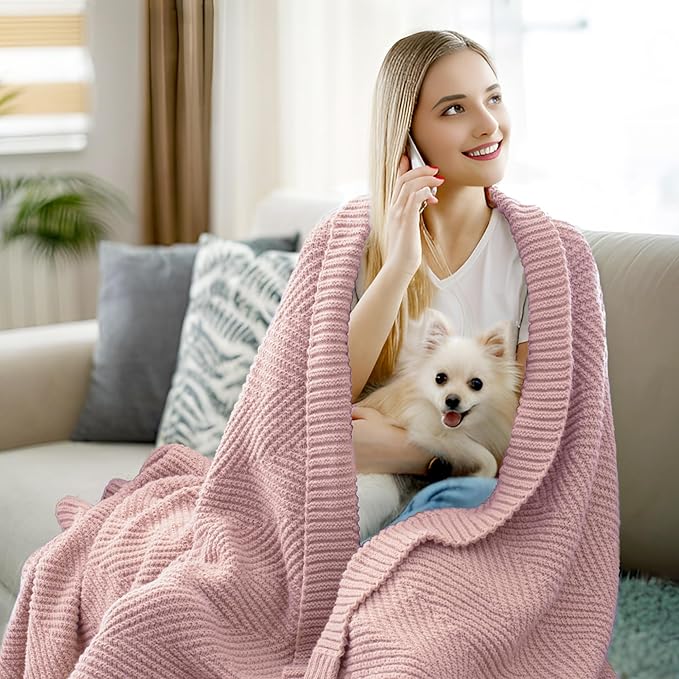 Knitted Throw Blanket 50"X60", Dusty Pink Knit Throws for Bed, Super Soft Boho Chevron Blankets for Couch Sofa Chair Room Decor, Textured Decorative Farmhouse Cozy Lightweight