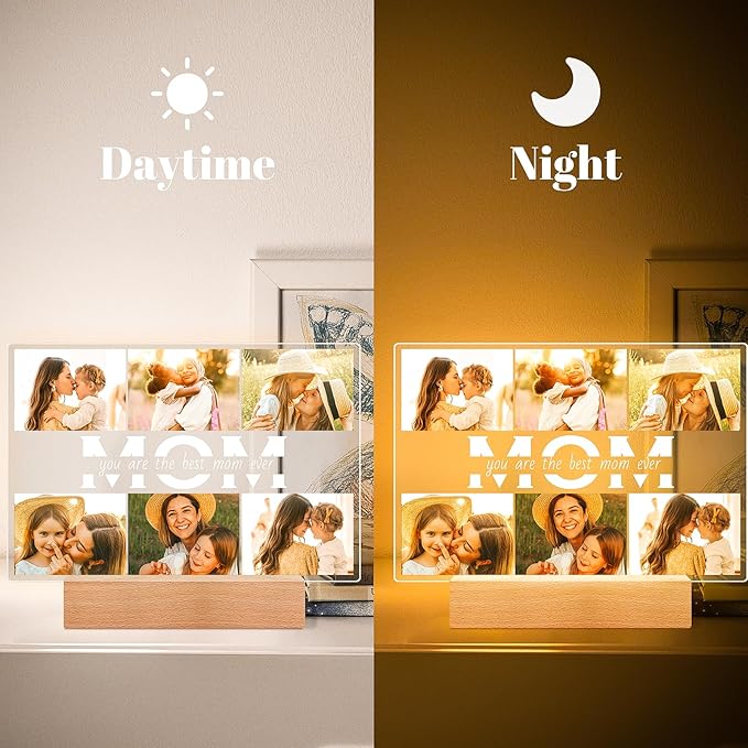 Personalized Gifts for Mom from Daughter Son, Custom Picture Frames with Photos, Customized Photo Frame with Night Light, Personalized Christmas Birthday Gifts for Mom Baby Kids Family