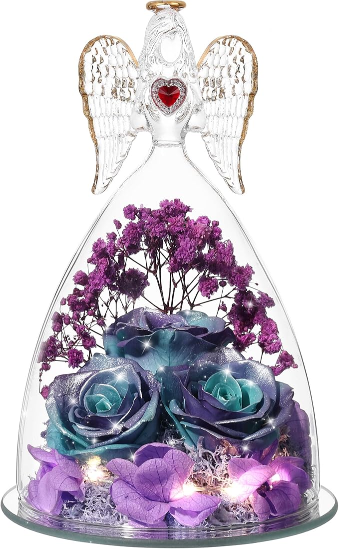 Mothers Day Rose Gifts for Women, Large Angel Figurines with Real Roses, Preserved Real Flower Rose for Her, Glittery Blue Purple