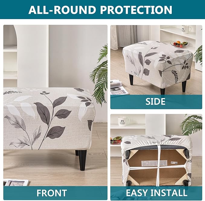 KRFOONN Ottoman Slipcovers Stretch Rectangle Footrest Stool Covers Printed Ottoman Cover for Foot Stool Furniture Protector with Non Slip Elastic Bottom(22, Large)