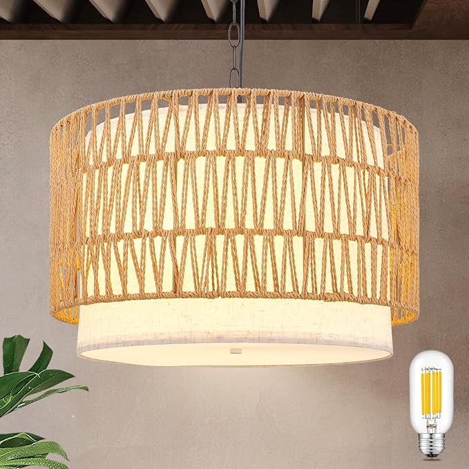 Rattan Drum Chandeliers for Dining Room, 19.7" 5-Lights(Bulbs Included) Boho Chandelier Light Fixture, Farmhouse Dining Room Light Fixtures Over Table, Hanging Light for Kitchen, Living Room, Bedroom