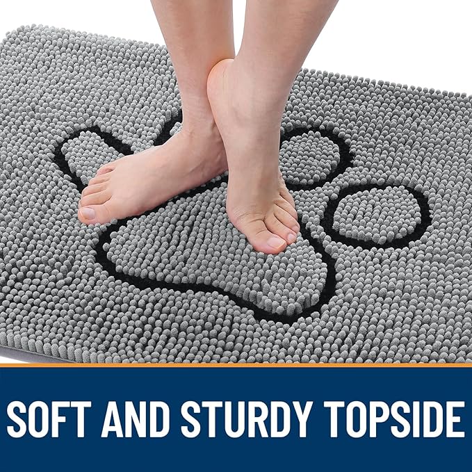 OLANLY Dog Door Mat for Muddy Paws 30x20, Paw Print Design, Absorbs Moisture and Dirt, Absorbent Non-Slip Washable Doormat, Quick Dry Chenille Mud Mat for Dogs, Entry Indoor Entryway Carpet, Grey