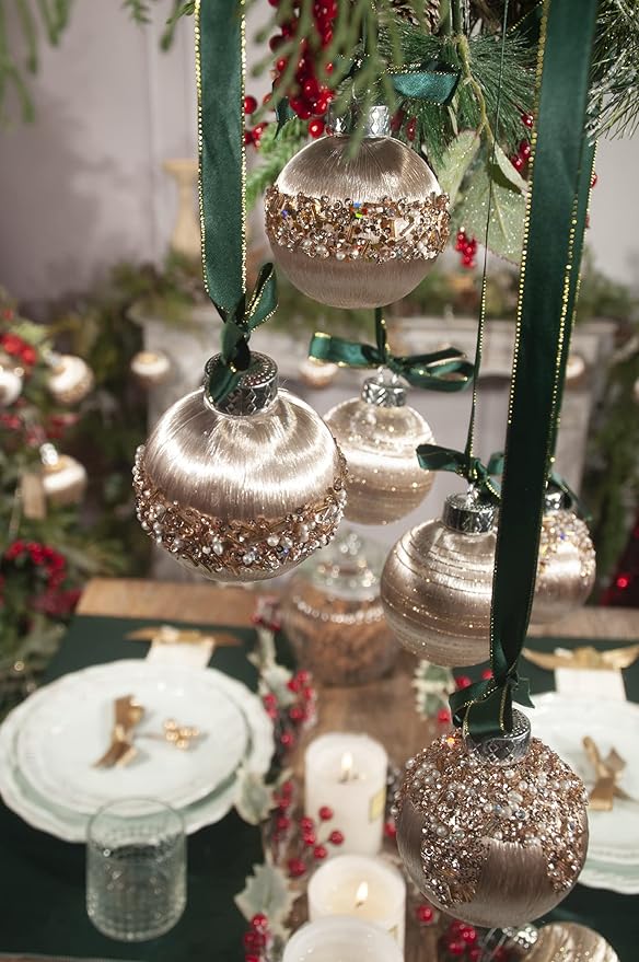 12Pcs 4” Silk Christmas Ball Decorations, Satin Christmas Tree Ornaments, Luxury Vintage Hanging Christmas Home Decor for Xmas Holiday Wedding Party Decoration (Champagne)