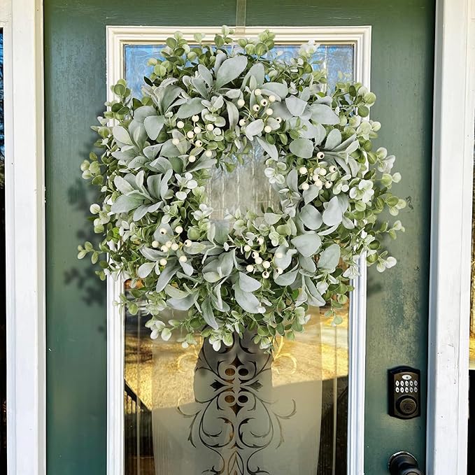 26 Inch Large Lambs Ear Wreaths for Front Door Spring Summer Lambs Leaves with White Berries, Artificial Greenery for Farmhouse Porch Wall Living Room Home Widding Decor for All Seasons Wreaths