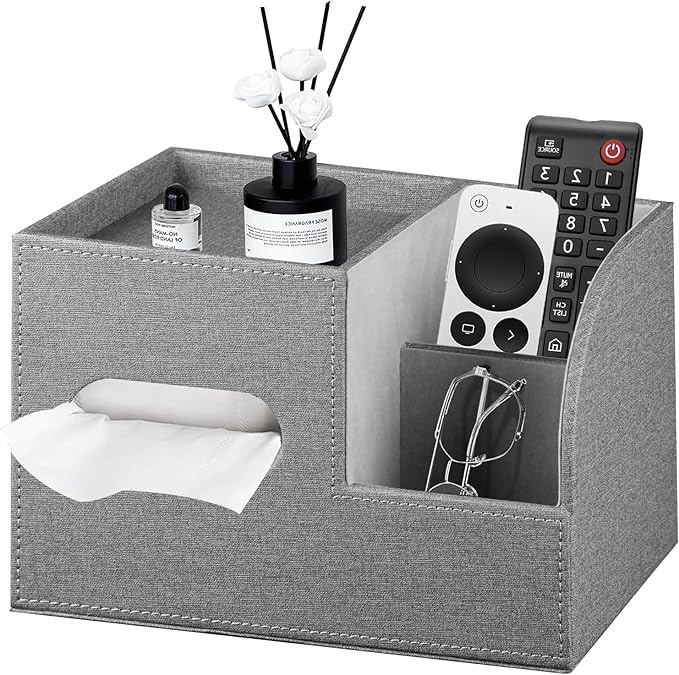 PU Leather Tissue Box Cover Square,Tissue Box Holder Organizer with Storage Tray and Remote Control Holder for Bathroom Countertop Night Stands Bedroom Office Desk,Napkin Caddy Decorative Black