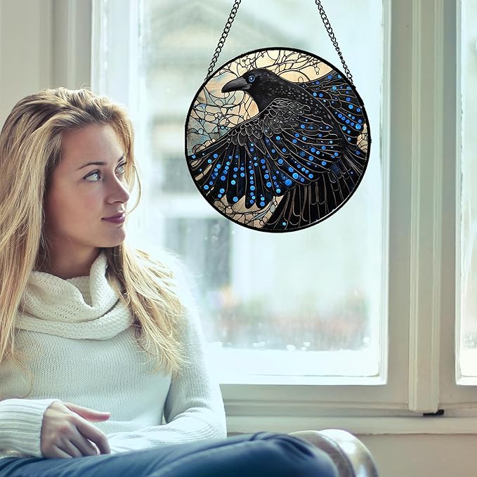 Stained Glass Window Hanging - Black Crow Big Wings Suncatcher for Doors Garden Patio Bird Sun Catchers Decor Christmas Mother's Day Birthday Gifts for Women Men Mom Nana Friend 6.3 in