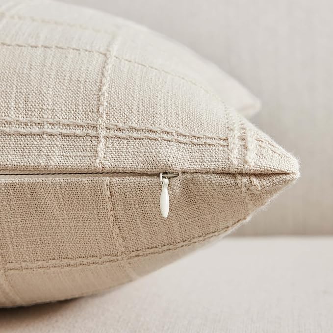 ZeeMart Linen Checked Lumbar Throw Pillow Covers Set of 2, 12x20 Inch Allover Grid Beige, Farmhouse Decorative Double Sided Grid Embroidered Couch Pillow Cases Beige Cotton Linen Cushion Covers