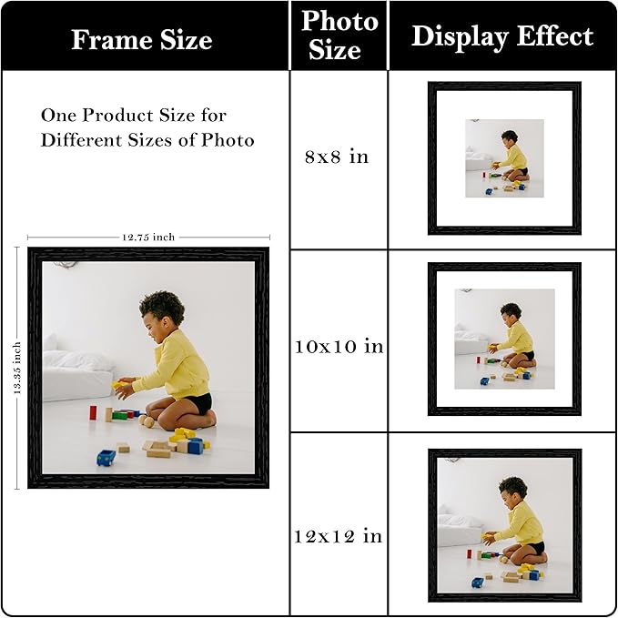 eletecpro 12x12 Floating Picture Frames Set of 2, Clear Double Glass Picture Frames for Wall Mount, Display Multi-size Photos and Artworks up to 12x12 Inches, Home Decor, Black