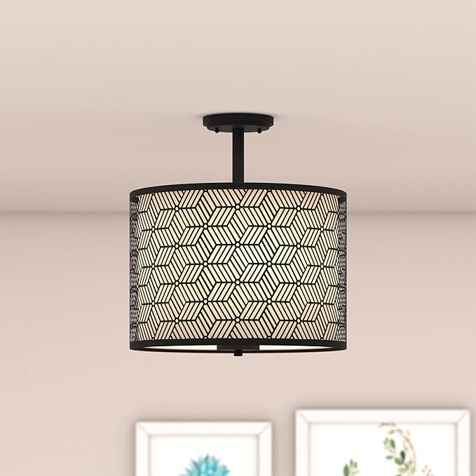 Inlight 14" Wide 3-Light Modern Drum Semi Flush Mount Ceiling Light with Black Metal Frame and White Fabric Shade, Bulb Not Included, IN-0347-3-BK