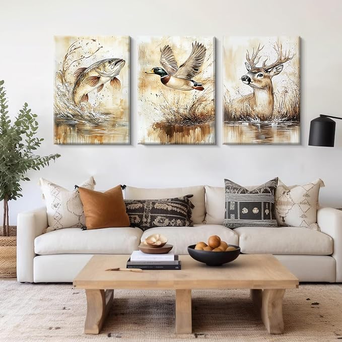 Vintage Animal Wall Art Baby Boy Room Canvas Wall Decor Farmhouse Animal Posters Kids Nursery Hunting Art Prints Rustic Deer Fish Pictures Mallard Duck Painting for Bedroom 16x24x3 Inch Ready to Hang