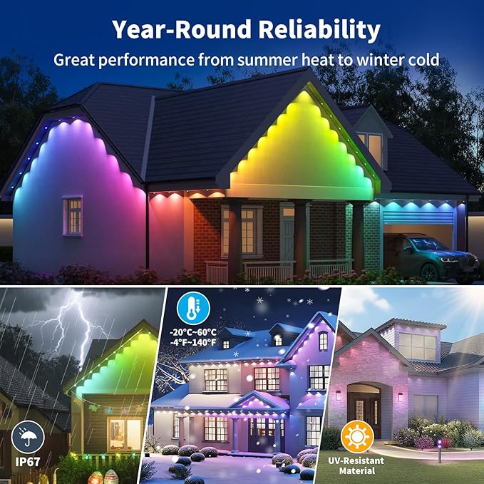 XINKAITE 300FT Permanent Outdoor Lights with 150 LEDs - Smart RGB+IC with 16 Million Colors, IP67 Waterproof, App & Remote Control, Hundreds of Modes for Holidays, Christmas & Home(2 Rolls 150FT)