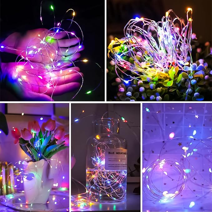 Multicolor Fairy Lights Battery Operated (Included), 8 Modes & Auto Timer, 2 Packs 5m 50Led Mini Twinkle Silver Wire Firefly Starry Lights, Waterproof Battery Operated Lights for Bottle
