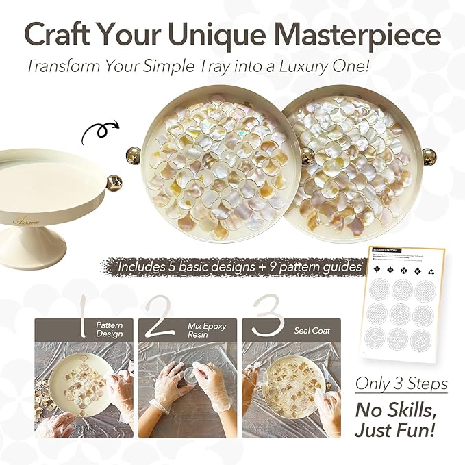 DIY Decorative Serving Tray Craft Kit with Natural Shells & Epoxy Resin, Round Metal Tray for Vanity, Bathroom or Coffee Table, Perfect for Key, Trinket and Perfume Organizer (White)