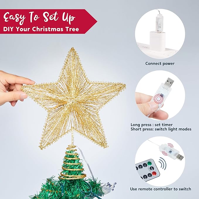 Joiedomi 9.5" Golden Christmas Star Tree Topper Radial Design, Metal Treetop Decorations with 20 LED Warm White, USB Powered Remote Control for Home Holiday Xmas Party Indoor Decor
